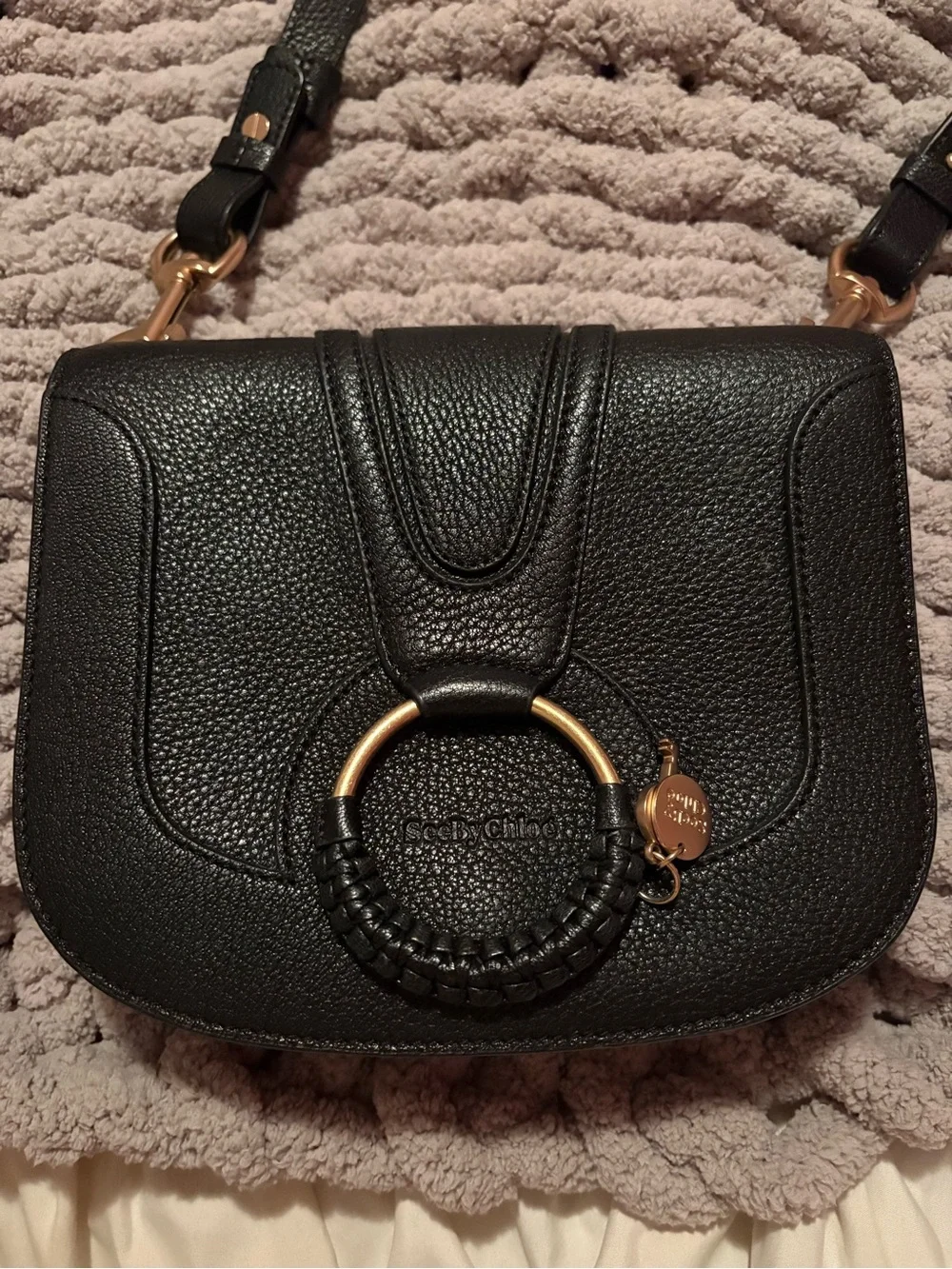 See By Chloe Black mini Hana Leather Saddle Crossbody with Gold Ring Detail